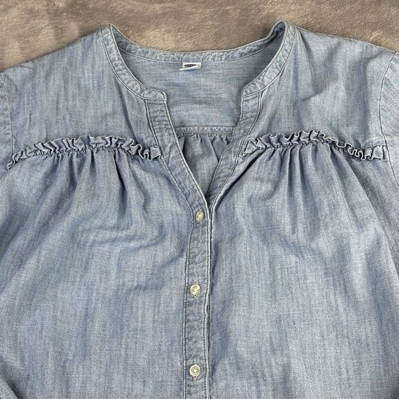 Old Navy Shirt Womens XL Blue Chambray‎ Smocked Long Sleeve Blouse Button Up - Picture 2 of 14